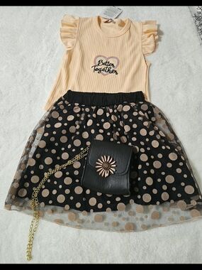 Girls Peach Ruffled Top & Black Polka Dot Skirt Matching Set